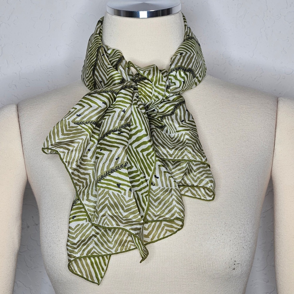 VTG Baar & Beards Vintage Silk Scarf Green Chevron Zigzag Hand Rolled Japan